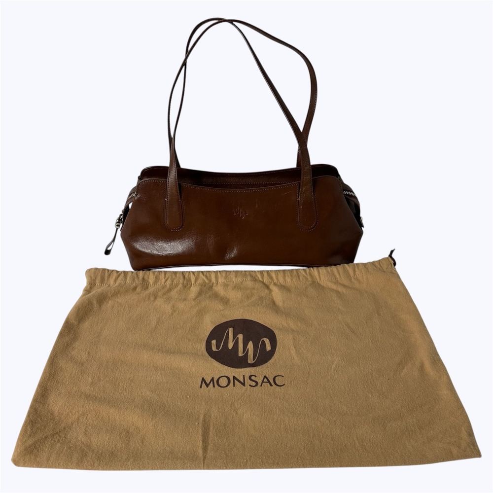 Monsac Cognac Brown Leather Shoulder Purse Handbag Dust Bag Minimalist Classic